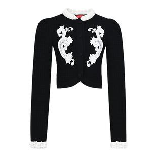 lefame拉飞姆浪漫华丽花边袖口修身短款黑色针织开衫