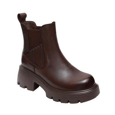 英伦风真皮棕色轻便松紧马丁靴女