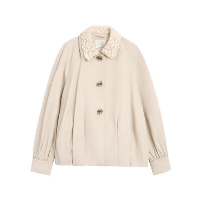 紫涵短款纯棉钩织翻领风衣女2026春季新款户外宽松蝴蝶结纽扣外套