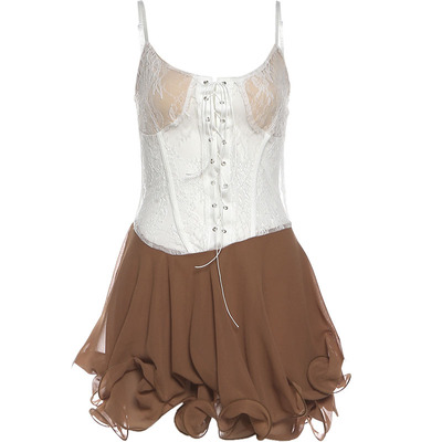 #Sisjuly#法式甜辣miu系 绑带蕾丝拼接轻纱曲卷蓬蓬吊带连衣裙女