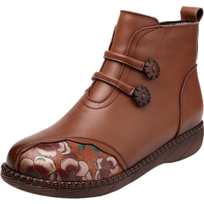 民族风全真皮平底短靴秋冬