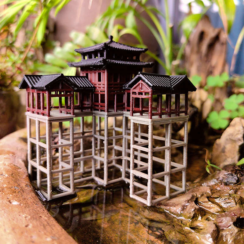 市井中心客栈造景小摆件假山奇石水陆鱼缸庭院盆景书房古建筑模型