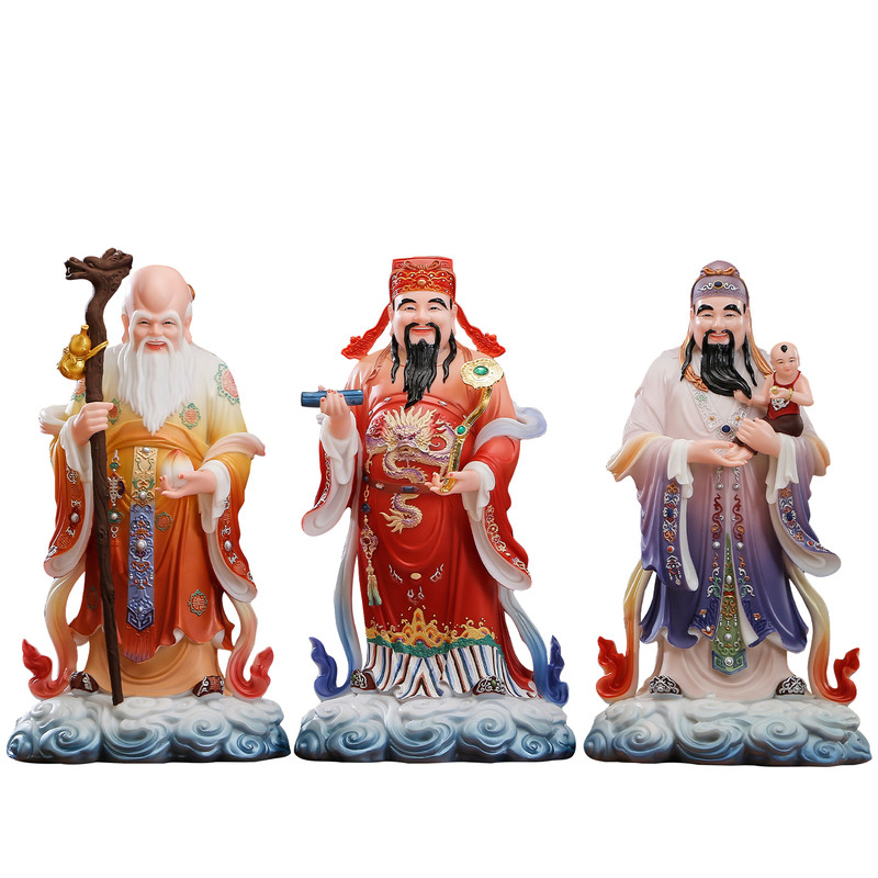 汉白玉彩绘福禄寿三星摆件家用