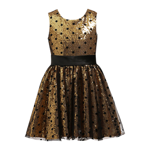 原创女童晚礼服儿童金色生日公主裙模特走秀演出服乐团演奏指挥服