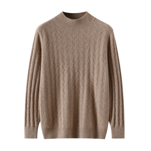 清河纯半高领100%纯山羊绒衫男款扭花套头毛衣宽松加厚针织打底衫