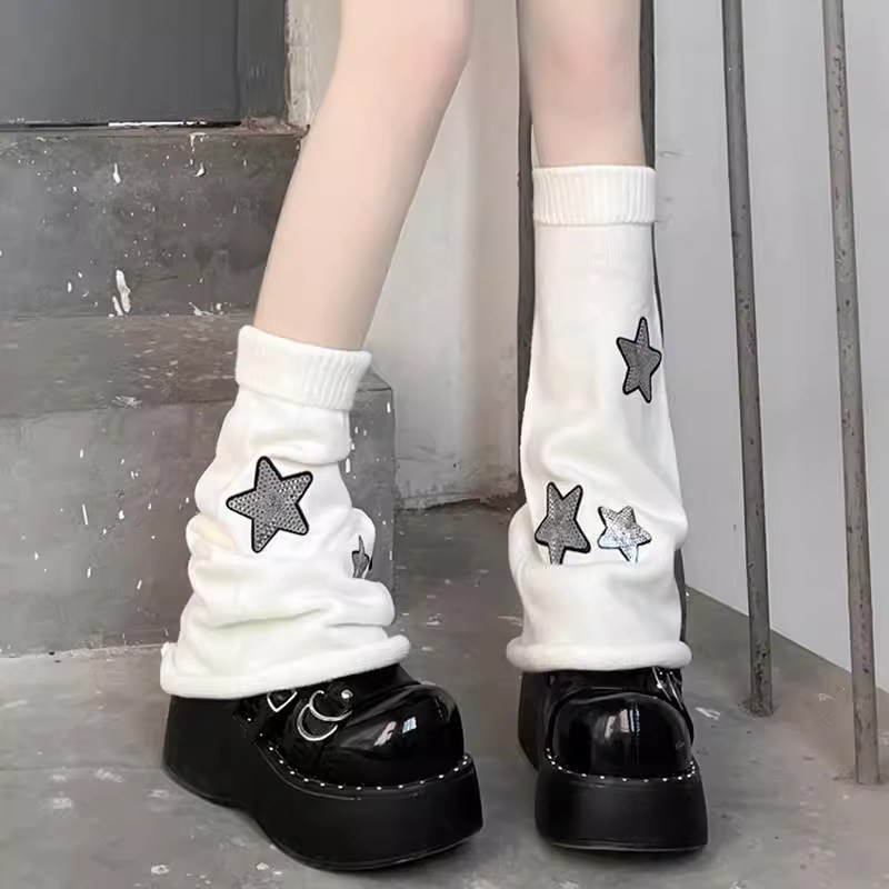 y2k亚文化星星腿套辣妹白色针织小腿袜显瘦阔腿堆堆袜子女jk袜套
