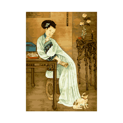 自油自画DIY数字油画春闺倦读图