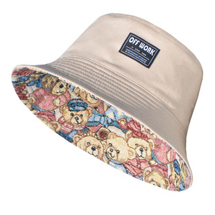 OFFWORK帽子女夏双面渔夫帽可爱小熊盆帽男户外遮阳帽透气防晒帽