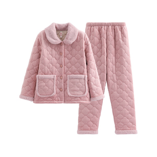 芬腾女士冬季珊瑚绒三层加厚夹棉袄套装女款抗静电加绒保暖家居服