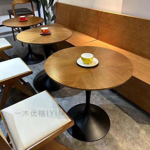 美式复古咖啡厅实木桌椅组合圆桌甜品店酒吧西餐厅方桌子奶茶烘焙