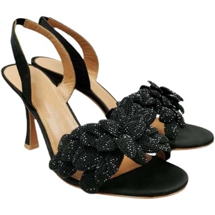 2025新款法式水钻花朵仙女鞋绸缎细跟夏季凉鞋女网红高跟鞋女大码