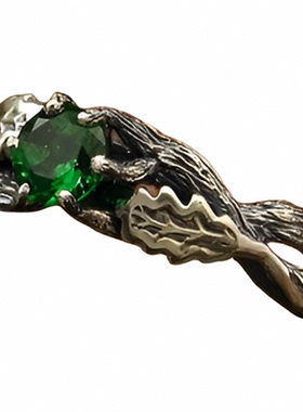 橡树叶子祖母绿宝石14K白金戒指