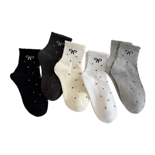 蝴蝶结袜子女款纯棉冬季新款爆款中筒袜波点袜ins潮可爱黑色短袜