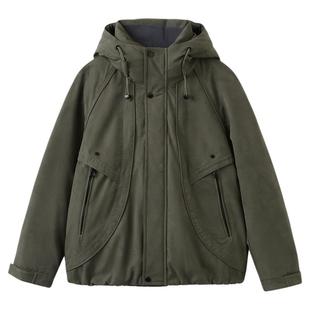 快鱼工装口袋羽绒服25年冬季立领连帽男士厚短款外套时尚潮流上衣