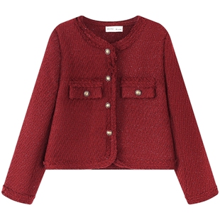 慕兔红色小香风圆领短外套女秋冬2025新款法式复古名媛粗花呢上衣