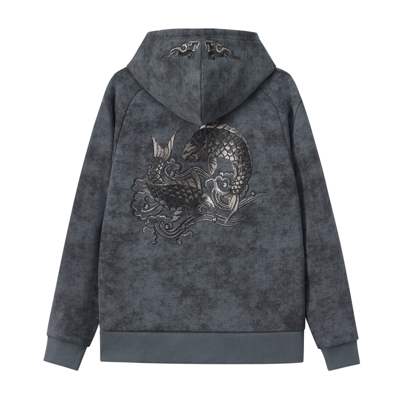 ONIARAI/鬼洗25秋冬泥棒蓝敦煌双鱼刺绣连帽卫衣男士 25NOB54新品