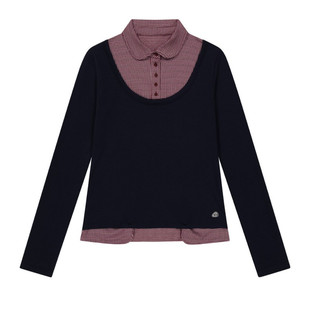 eihey诶嘿秋冬miu系格纹衬衫撞色假两件拼接长袖双腰翻领T恤上衣