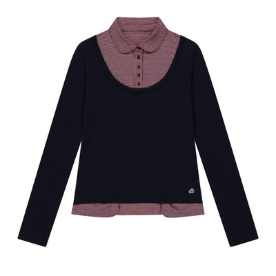 eihey诶嘿秋冬miu系格纹衬衫撞色假两件拼接长袖双腰翻领T恤上衣