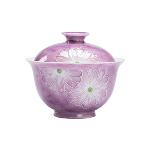 雅器茶居—豆蔻紫手工陶瓷薄胎盖碗釉下彩有田烧手绘雏菊泡茶碗