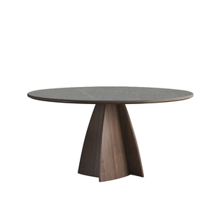 意式高端实木餐桌圆形带转盘家用新款胡桃木色侘寂风哑光岩板圆桌