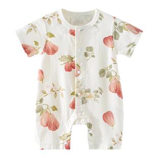 【竹澜纱】婴儿衣服夏季薄款天竹棉纱布宝宝短袖连体衣新生儿睡衣