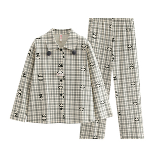 芬腾格子熊猫睡衣女纯棉春秋季宽松长袖长裤经典可爱全棉家居服