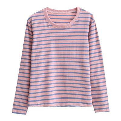 纯棉女长袖条纹宽松大码