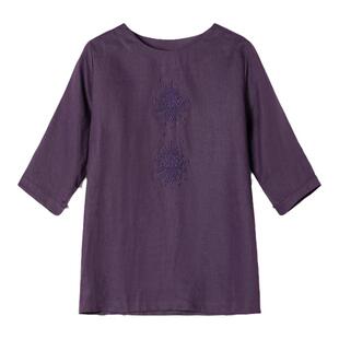 珂佐芙春夏新款复古圆领七分袖刺绣亚麻上衣女中长款纯麻麻料小衫