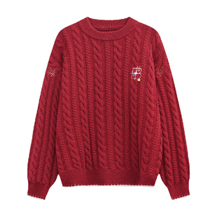 BIPOLAR绞花三色纽扣套头毛衣休闲圆领宽松针织衫内搭基础长袖男