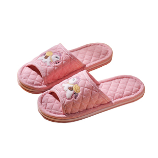 新款纯棉布艺居家马上有钱三层布底加厚静音男女情侣家居室内拖鞋