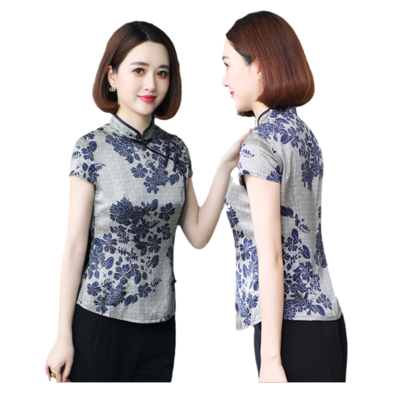 2025夏中式立领重磅真丝上衣女短袖旗袍妈妈装复古印花桑蚕丝t恤