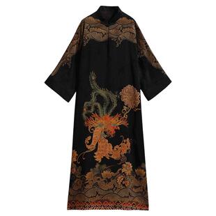 重缎香云纱连衣裙桑蚕丝真丝秋季新款加厚改良旗袍中长款印花裙子