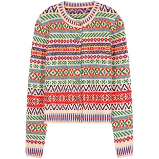 今屿花花 彩色提花毛衣女2025新款初秋穿搭上衣针织开衫外套羊毛