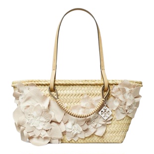 代购Tory Burch/汤丽柏琦小号草编装饰托特包缎面花卉顶部提手