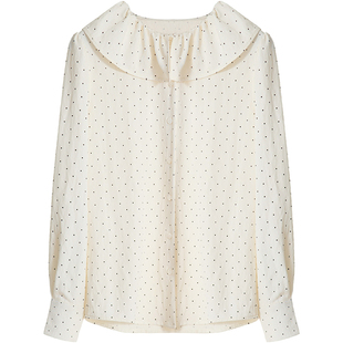 稀有概率 原创设计荷叶边娃娃领白色衬衫女秋冬复古波点长袖上衣