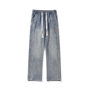 牛仔裤男美式复古宽松直筒松紧腰百搭秋冬加绒加厚休闲阔腿裤男款