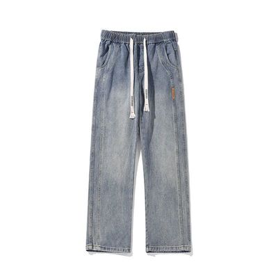 牛仔裤男美式复古宽松直筒松紧腰百搭秋冬加绒加厚休闲阔腿裤男款