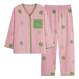 芬腾可安睡衣秋女款2025新款纯棉秋春季长袖女士绿花家居服秋冬天