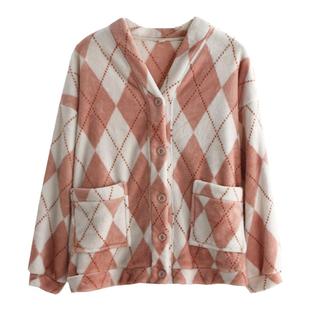 日系菱格睡衣上装男女士秋冬季法兰绒加厚保暖长袖V领情侣家居服