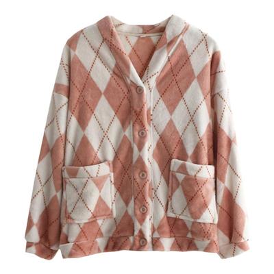 菱格法兰绒秋冬情侣睡衣上装