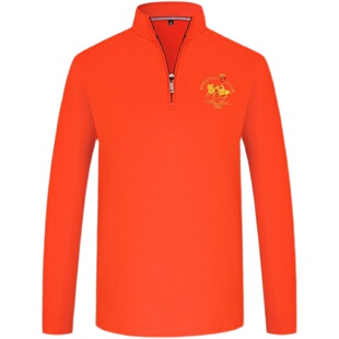 秋冬厚款立领t恤男长袖拉链polo衫半高领体恤刺绣上衣男装橙色潮