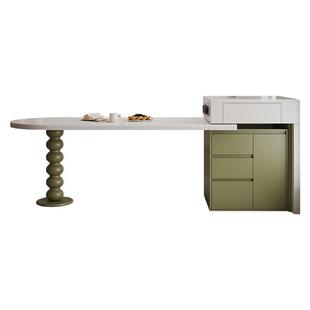 法式中古风岛台餐桌一体可伸缩家用小户型半圆导岩板倒台厨房吧台