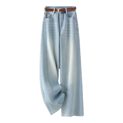 高腰加绒加厚拖地牛仔裤女浅蓝