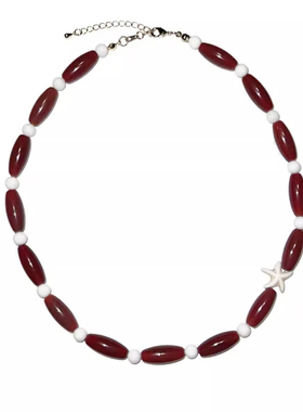 天然红玛瑙海星玉石长条串珠项链