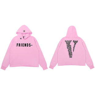 VLONE美版NO FRIENDS嘴唇大V LOGO印花刺绣超重磅无下摆连帽卫衣