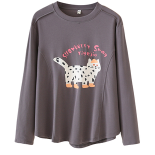 大码正肩打底衫春秋新款时尚显瘦黑点猫咪印花圆领长袖t恤女上衣