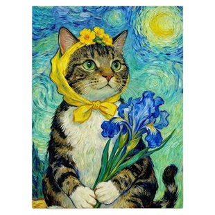 梵高风可爱小猫系列装饰画ins风治愈系客厅卧室床头挂画餐厅壁画