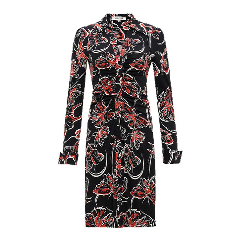 DVF 黑红蝴蝶印花长袖修身连衣裙DL3S014