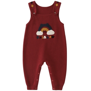 宝宝针织背带裤秋冬加厚保暖红色新年毛线裤子纯棉婴幼儿连体衣服