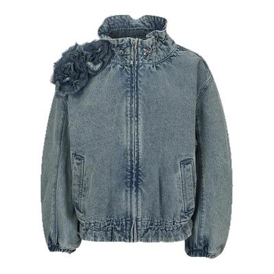 蓝色蕾丝牛仔花装饰抽绳牛仔夹克